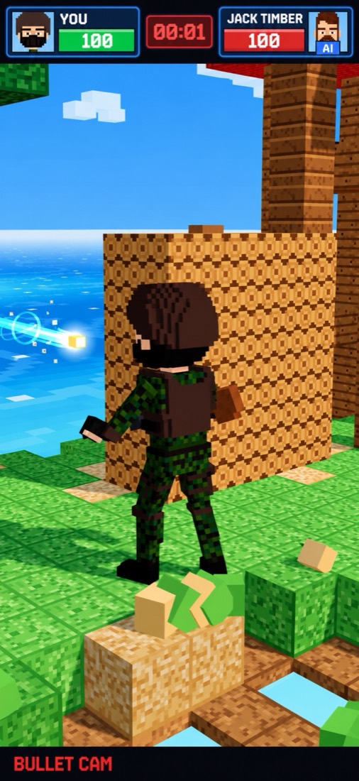 Blockshot slow-motion bullet cam following a sniper shot across the water