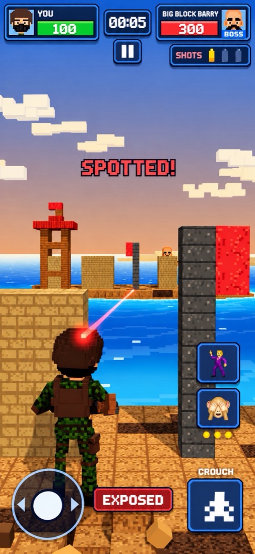 Blockshot sniper hiding behind voxel cover as the rival's laser sight finds him