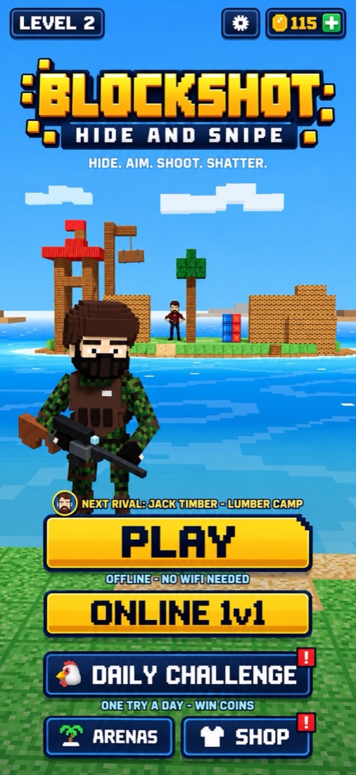 Blockshot home screen with Play offline and Online 1v1