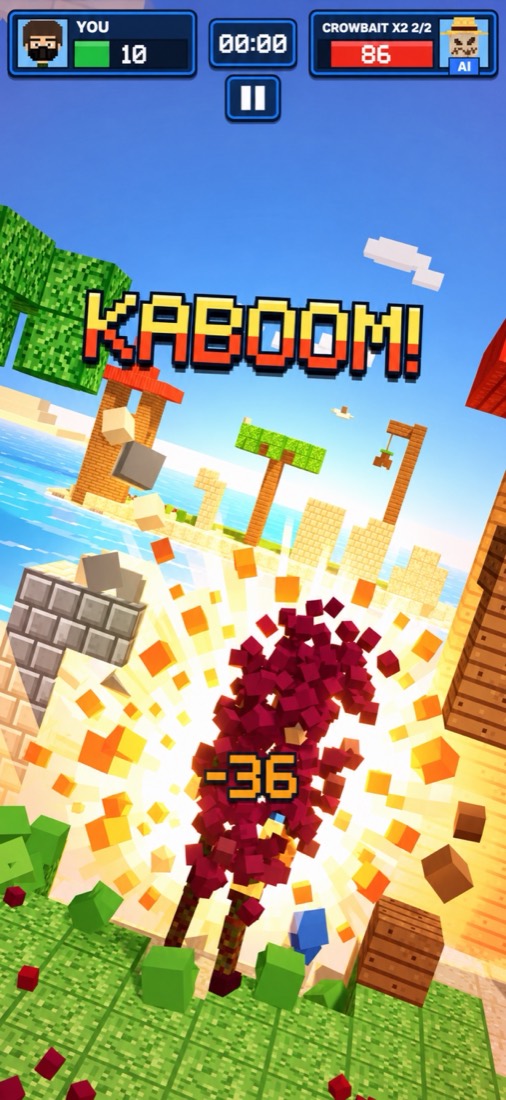 Blockshot explosion shattering voxel blocks across the island