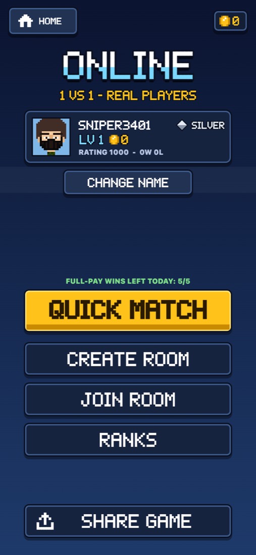 Blockshot online 1v1 lobby: Quick Match, create room, join room and ranks