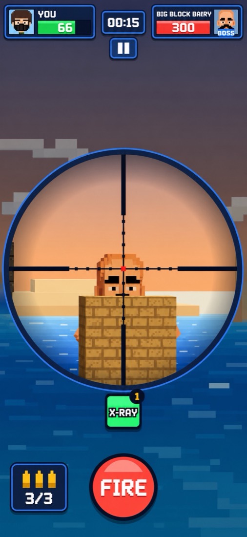 Blockshot sniper scope lined up on a rival hiding behind blocks