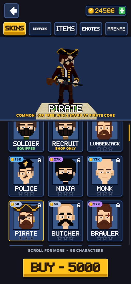 Blockshot character shop with pirates, ninjas and more skins